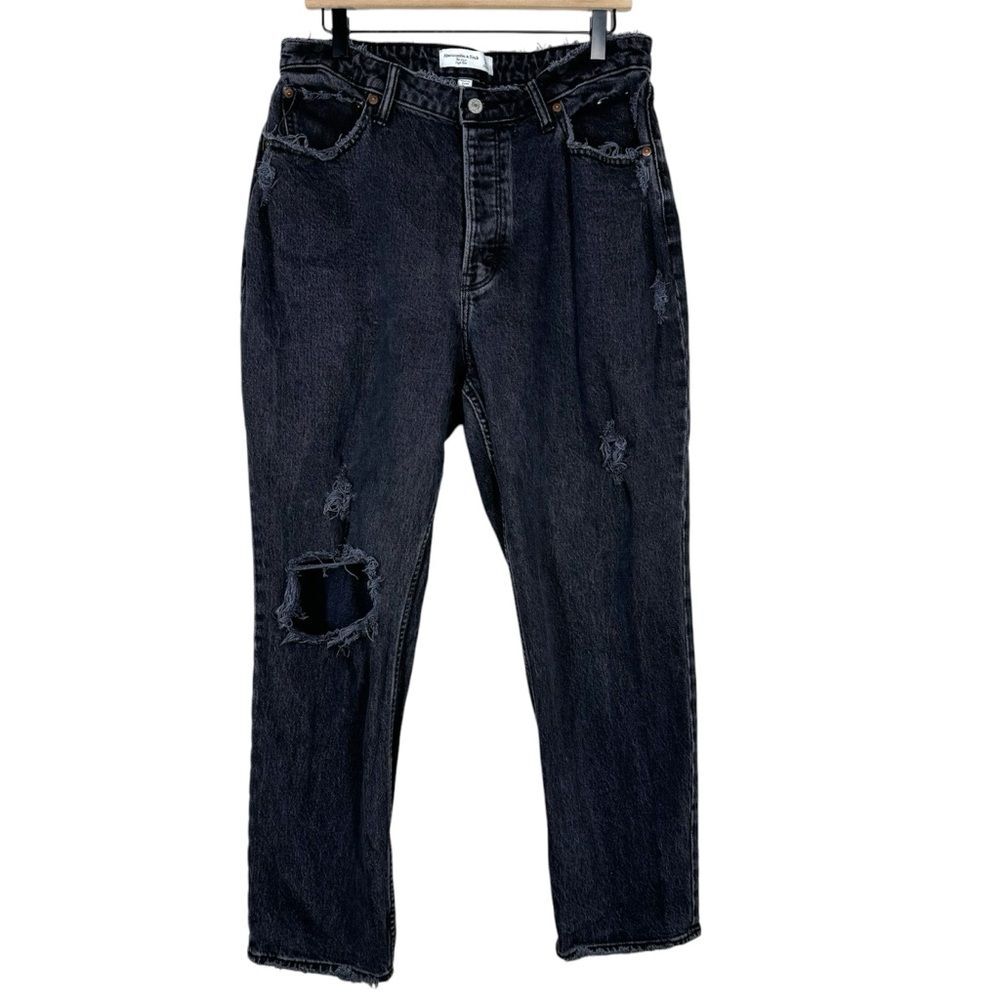 Abercrombie & Fitch Curve Love The Dad High Rise Jeans Black Distressed 14 Short